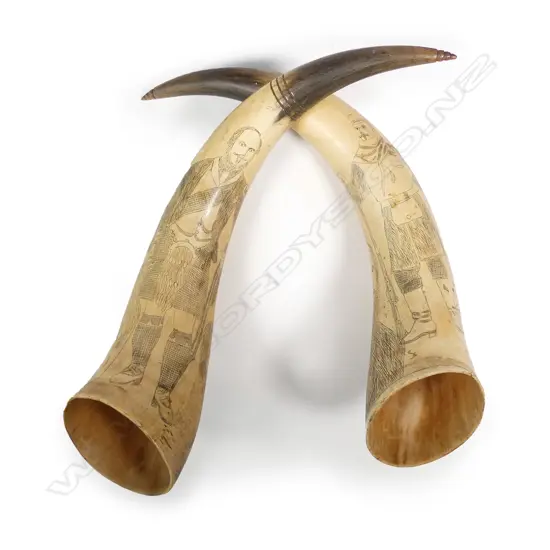A pair of scrimshaw bullock horns