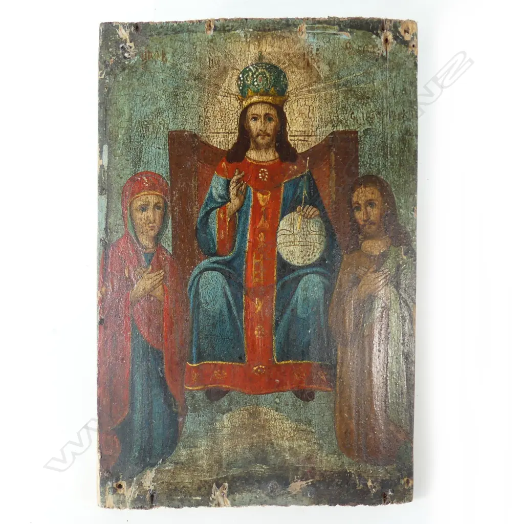 A late 19thC Russian icon of Christ as Salvator Mundi enthroned Image 1++