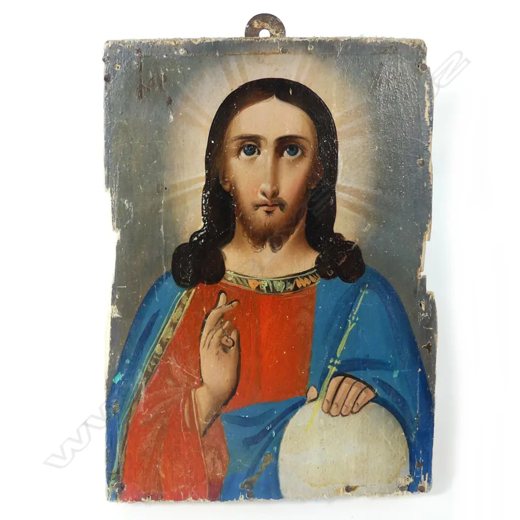 A small 19thC Russian icon of Christ as Salvator Mundi Image 1++