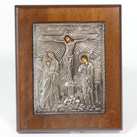 A Russian 20thC small icon of the crucifixion with .950 silver oklad