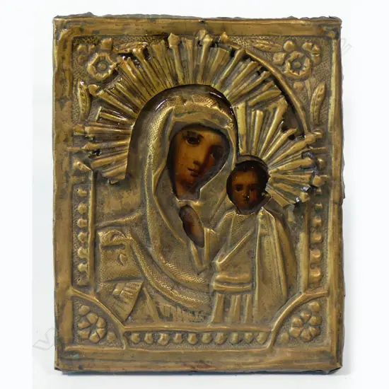 A small 19thC Russian icon of the Mother of God with the Christ Child