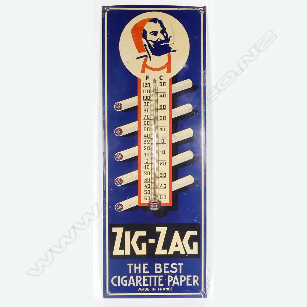 A vintage 'Zig-Zag The Best Cigarette Paper' painted tinplate advertising thermometer Image 1++