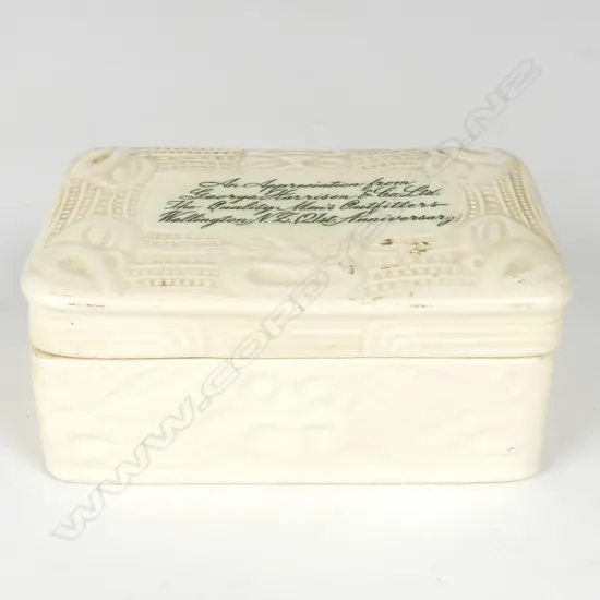 A rare Crown Lynn white glazed Wharetana Maori Art lidded box