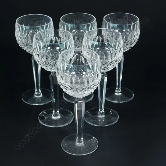 Six Waterford crystal faceted stemmed wine glasses