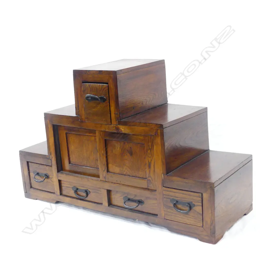 An uncommon Japanese Meiji period elm small step chest/display stand Image 1++