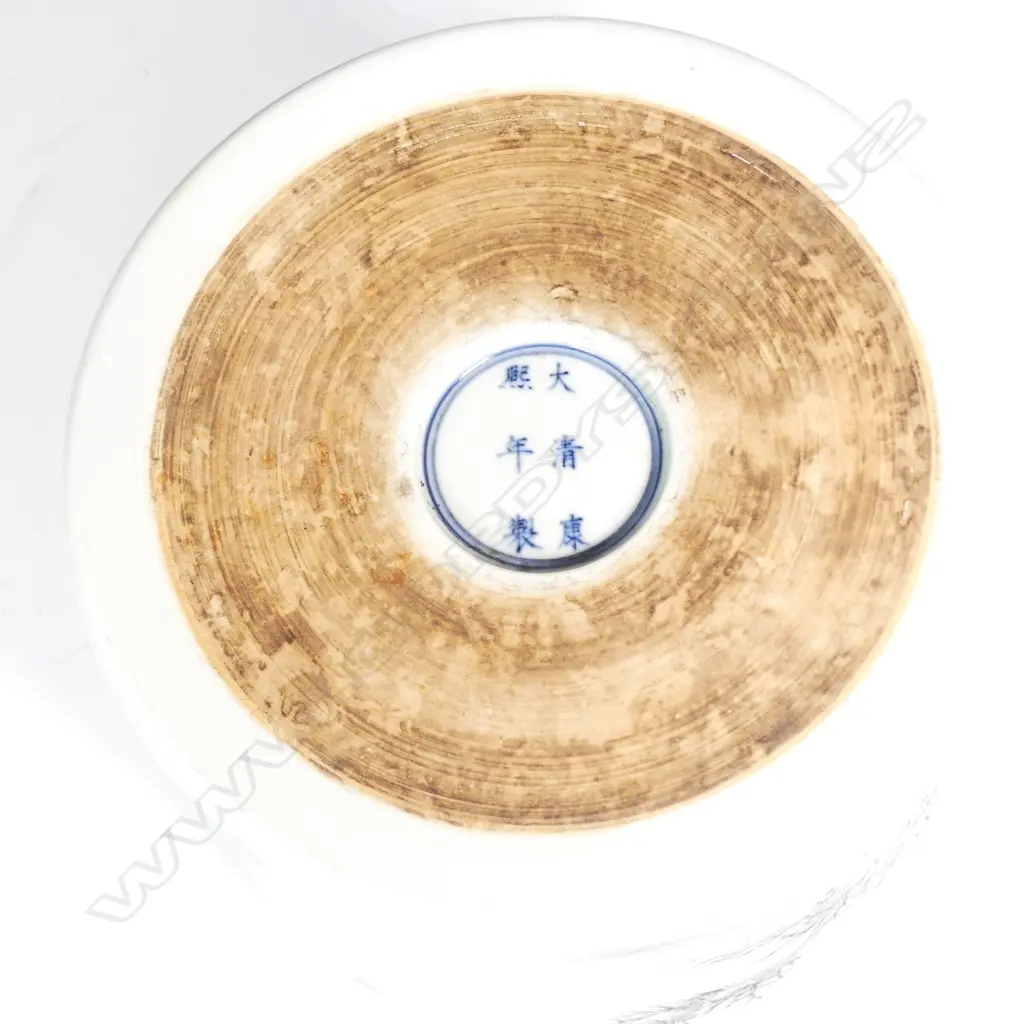 A Chinese Qing dynasty ‘famille verte’ brush pot on hardwood stand Image 1++