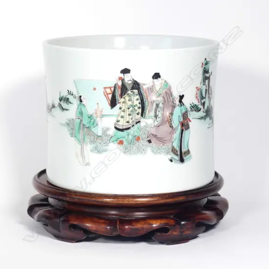 A Chinese Qing dynasty ‘famille verte’ brush pot on hardwood stand