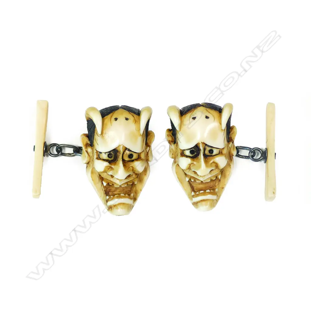 A pair of Japanese Meiji carved ivory Hannya noh mask cufflinks Image 1++