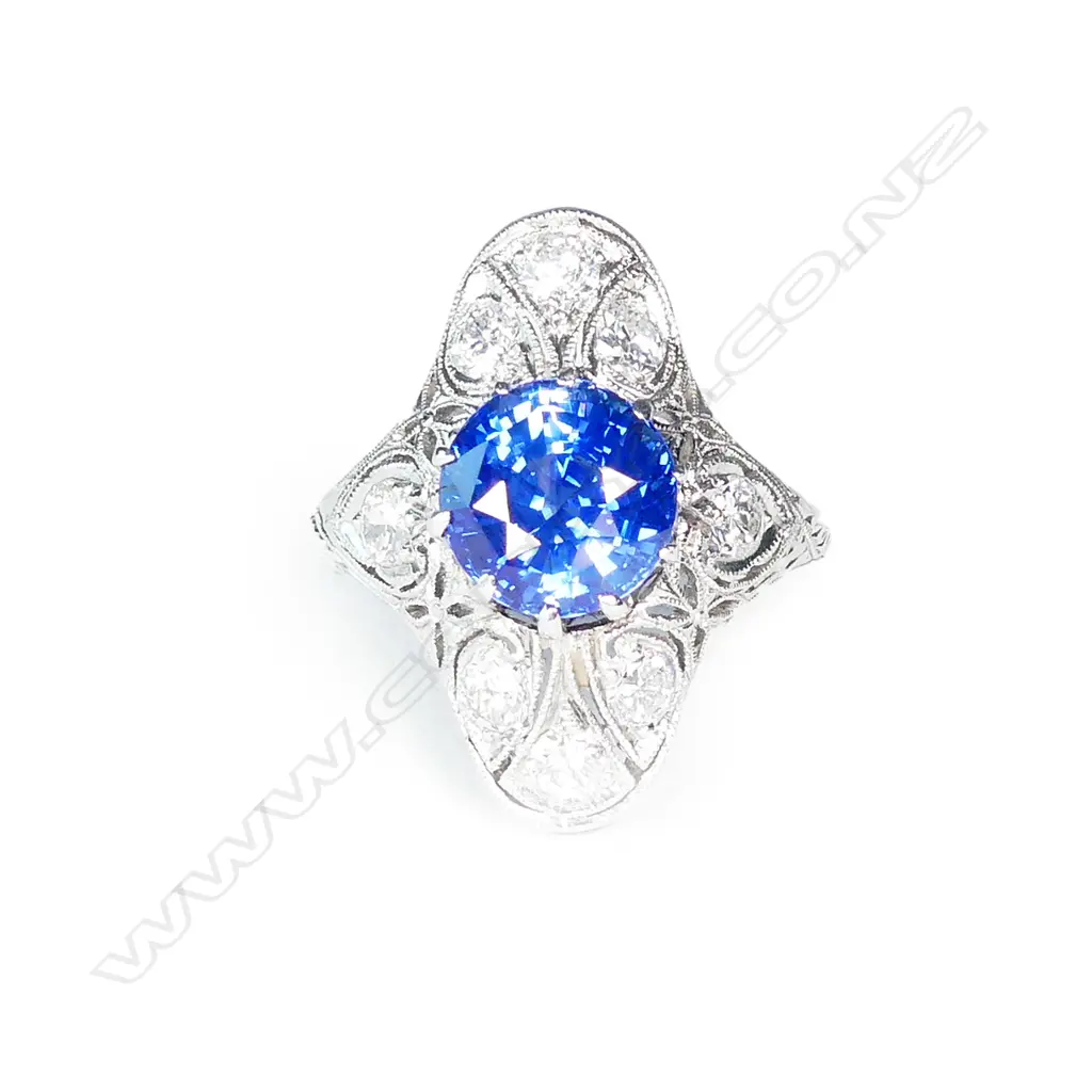 An impressive Edwardian Belle Epoque period platinum sapphire and diamond ring Image 1++