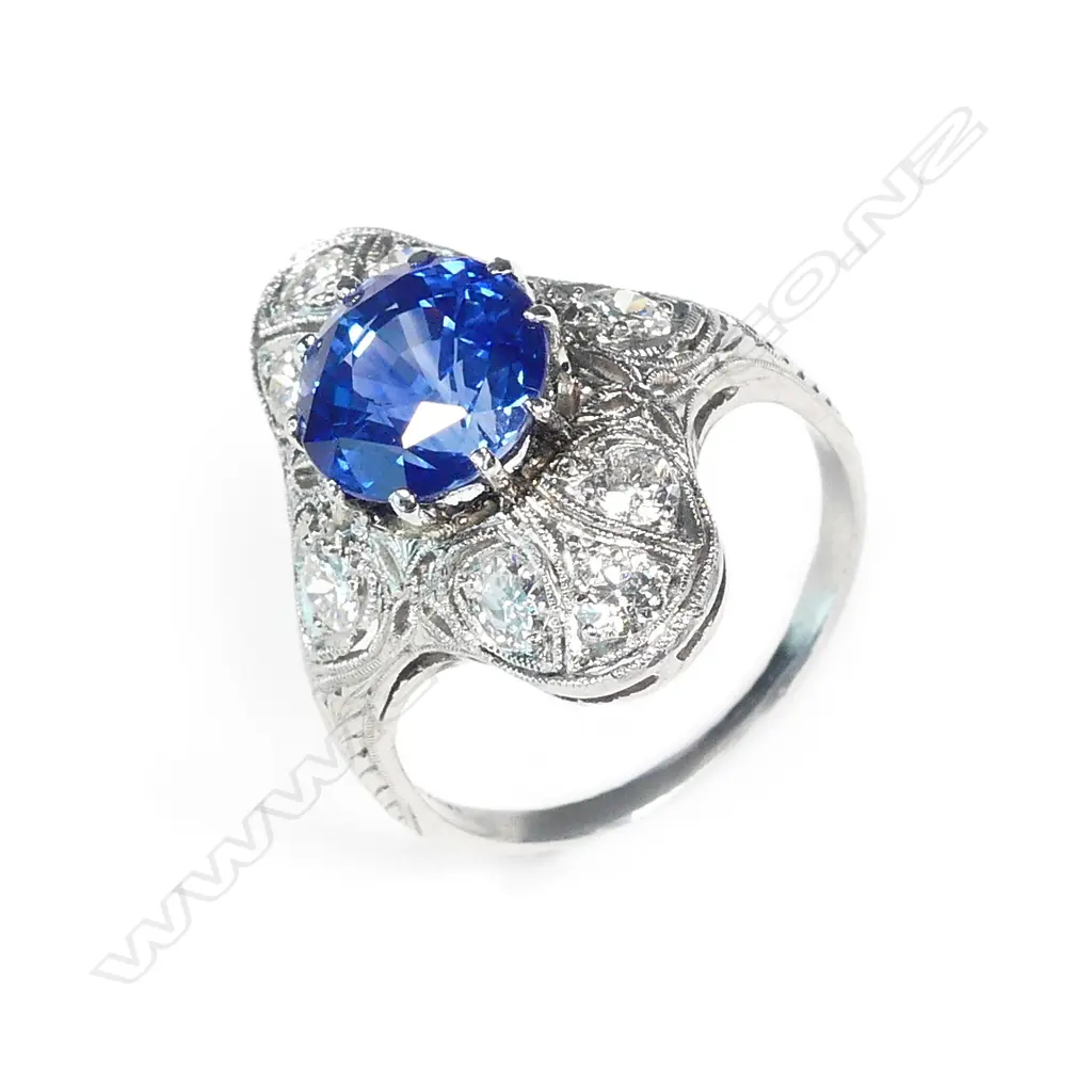 An impressive Edwardian Belle Epoque period platinum sapphire and diamond ring Image 1++
