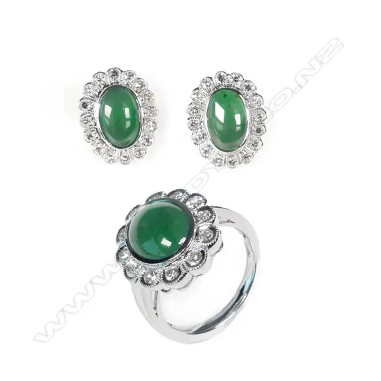 An 18ct white gold jade and diamond ring and earring set