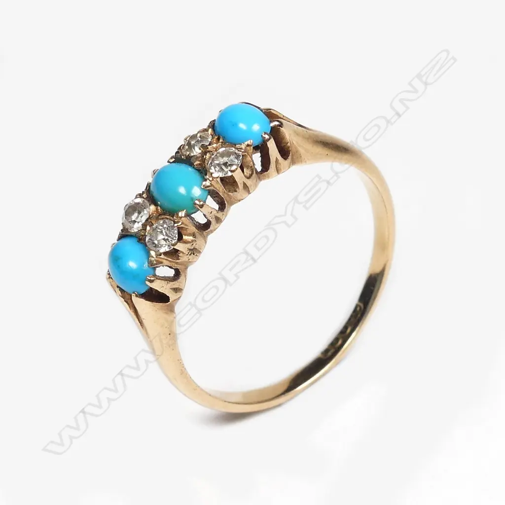 An estate 18ct gold diamond and turquoise ring Image 1++