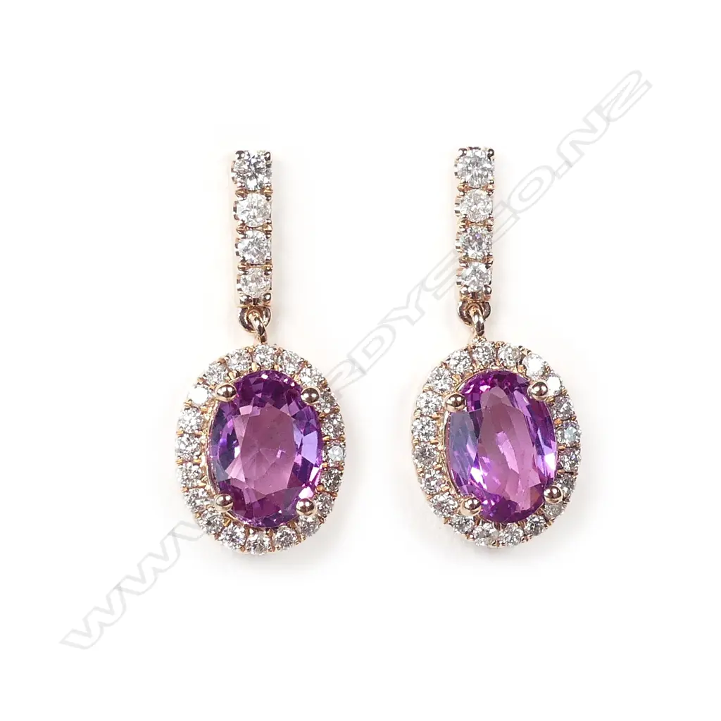 A pair of 14ct rose gold pink sapphires and diamond earrings Image 1++