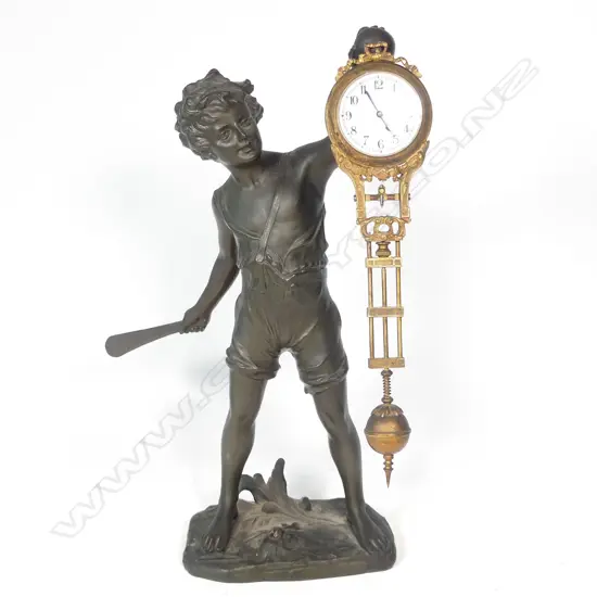 A Victorian bronzed spelter figured mystery clock