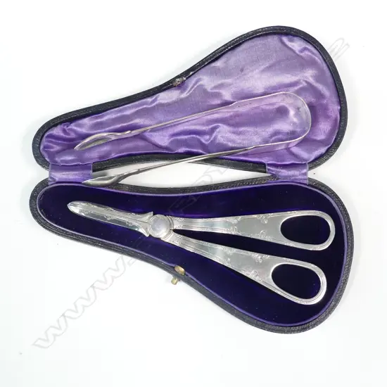 A cased pair of Edwardian silver grape scissors