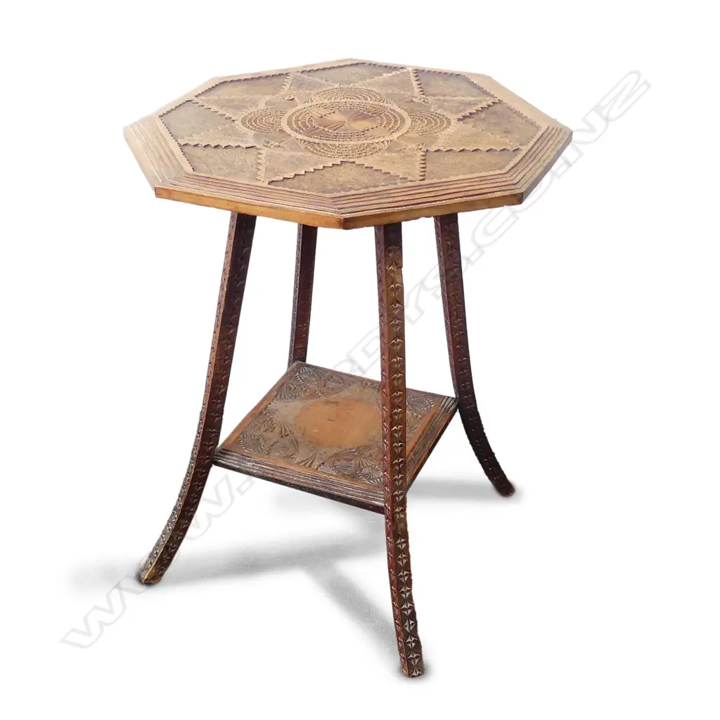 A colonial kauri chip art carved occasional table Image 1++