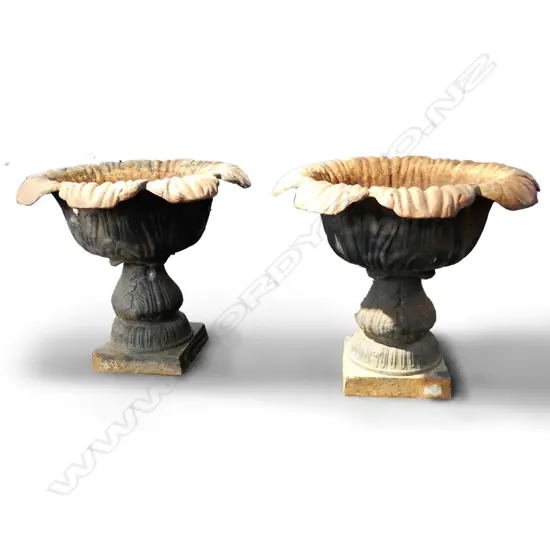 A pair of cast iron garden urns
