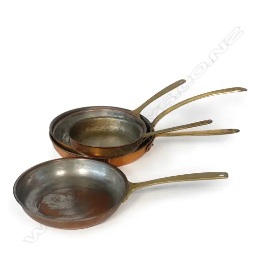 Five vintage copper sauté pans