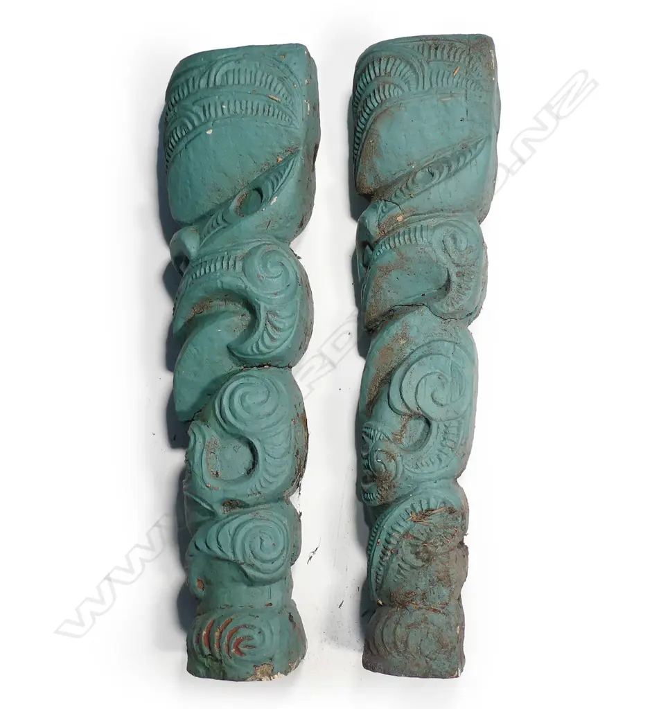 Two vintage Maori stylised figural cast concrete posts Image 1++