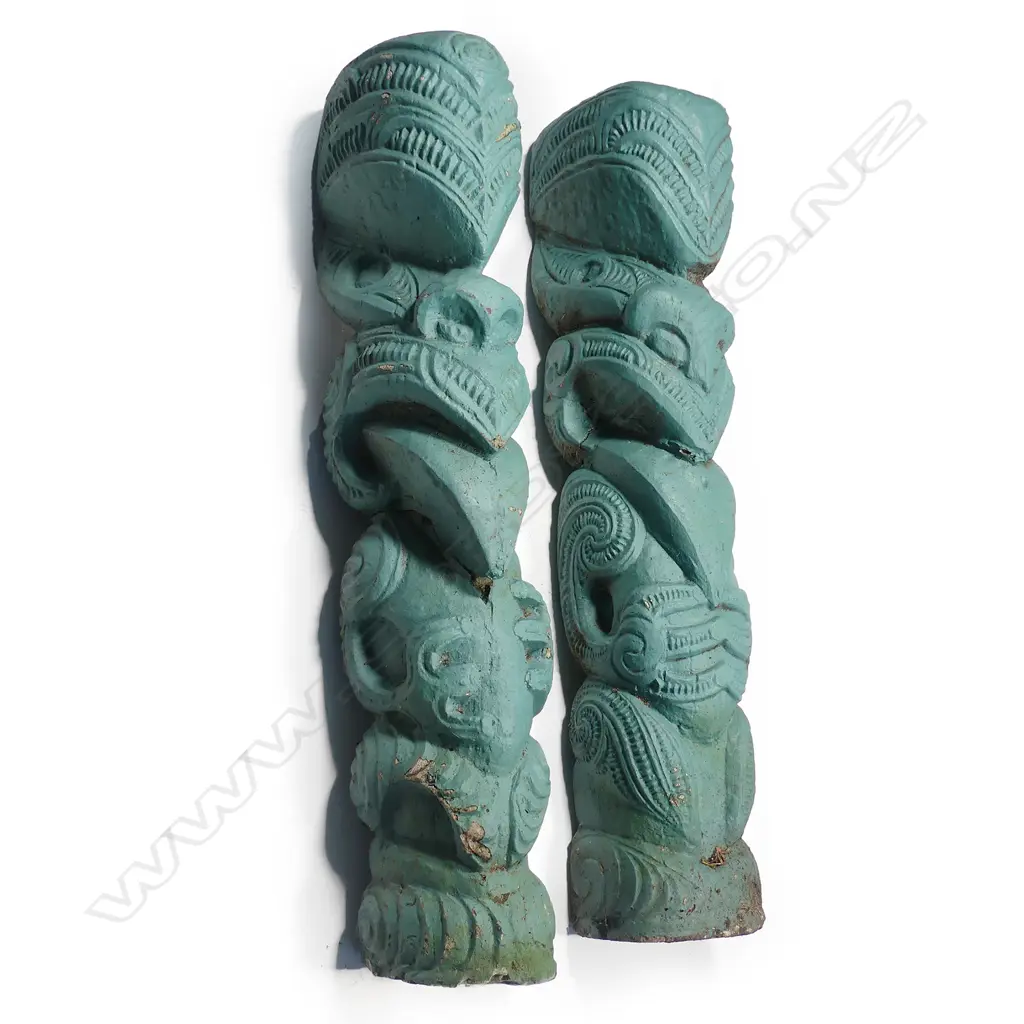Two vintage Maori stylised figural cast concrete posts Image 1++