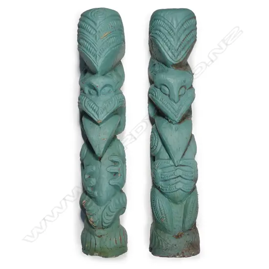 Two vintage Maori stylised figural cast concrete posts