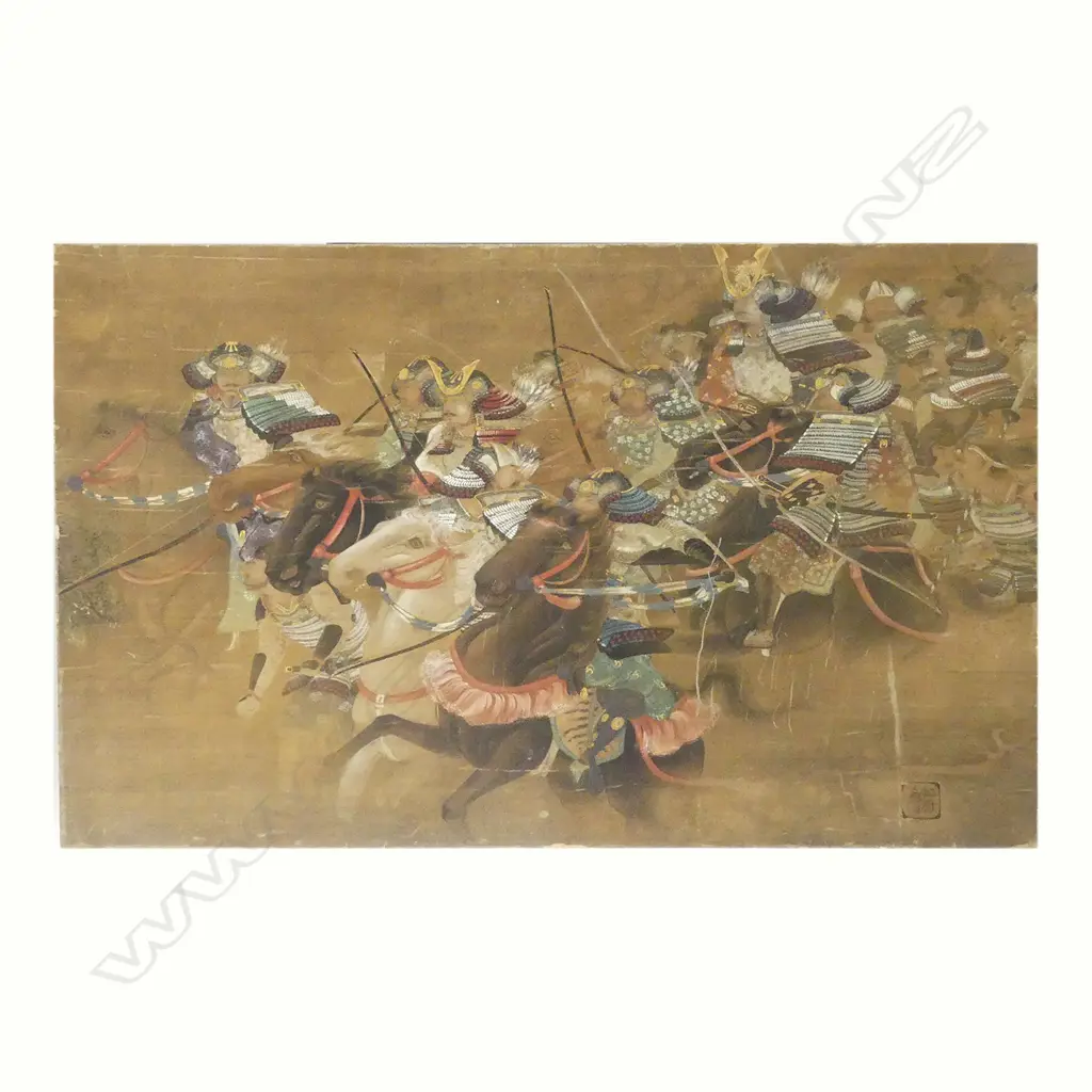 A 19thC Japanese watercolour of seven equestrian samurai archers Image 1++