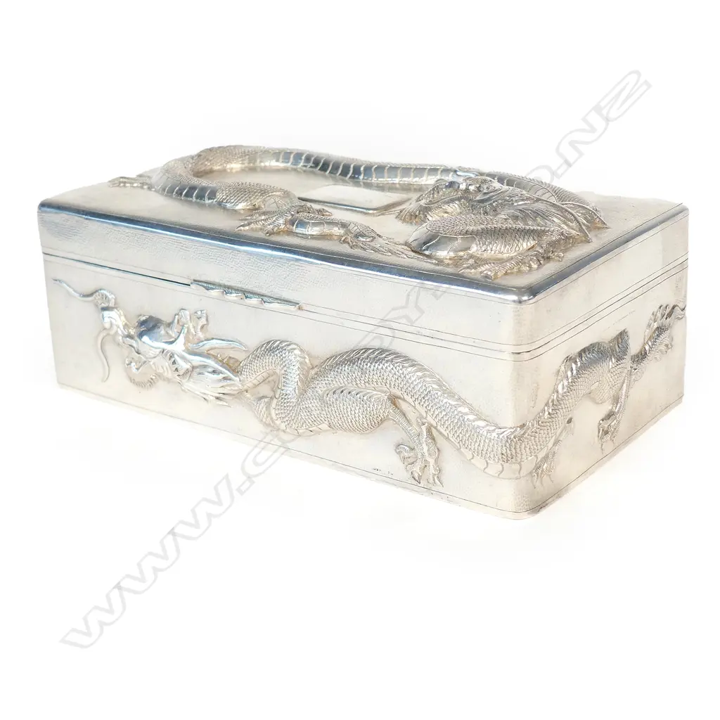 A c.1900 Chinese silver dragon embossed rectangular box Image 1++