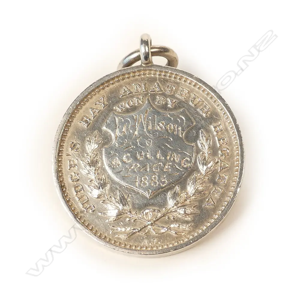 A 19thC Anton Teutenberg 1885 'Judge's Bay Amateur Regatta' silver medallion Image 1++