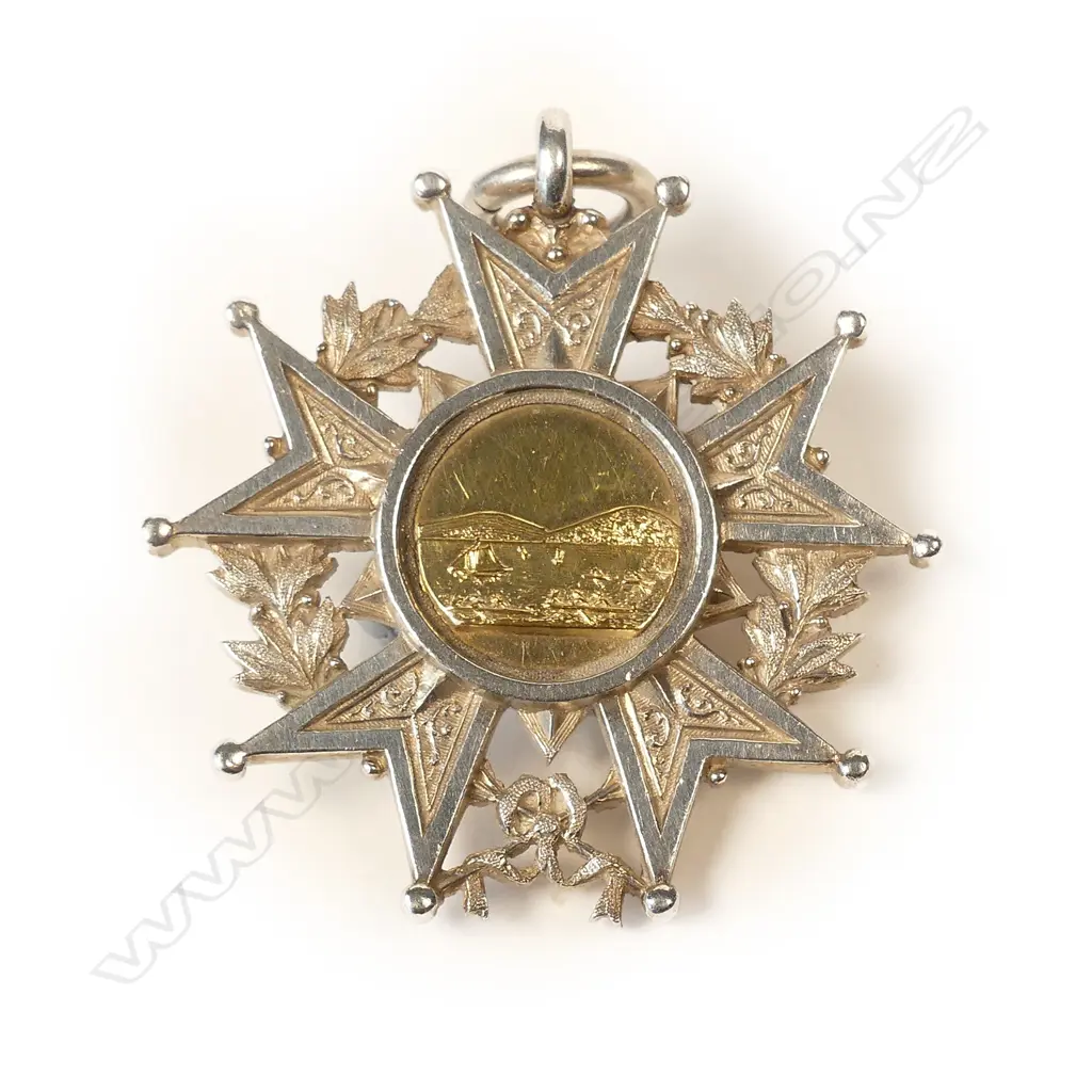 A 19thC Anton Teutenberg 1887 'J.B.R.C.' (Judges Bay Rowing Club) silver five point ball tipped star medallion Image 1++