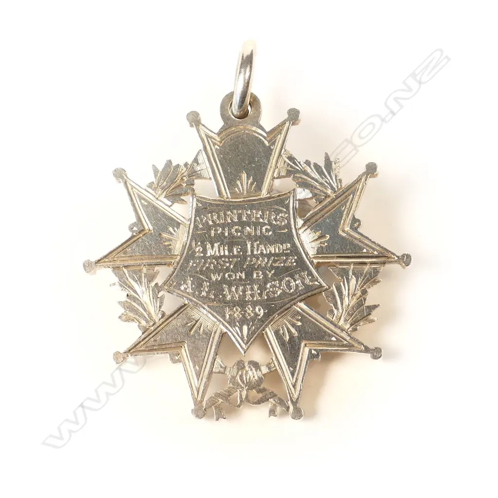 A 19thC Anton Teutenberg 1889 'Printer's Picnic' silver five point ball tipped star medallion Image 1++