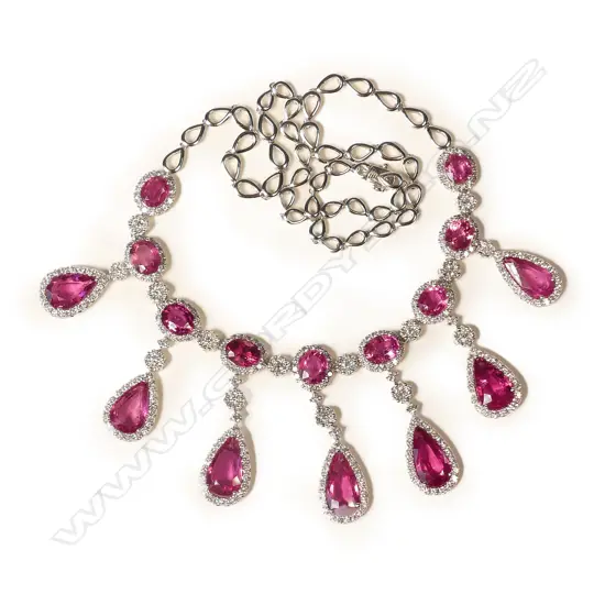 An impressive 18ct white gold pink tourmaline and diamond necklace