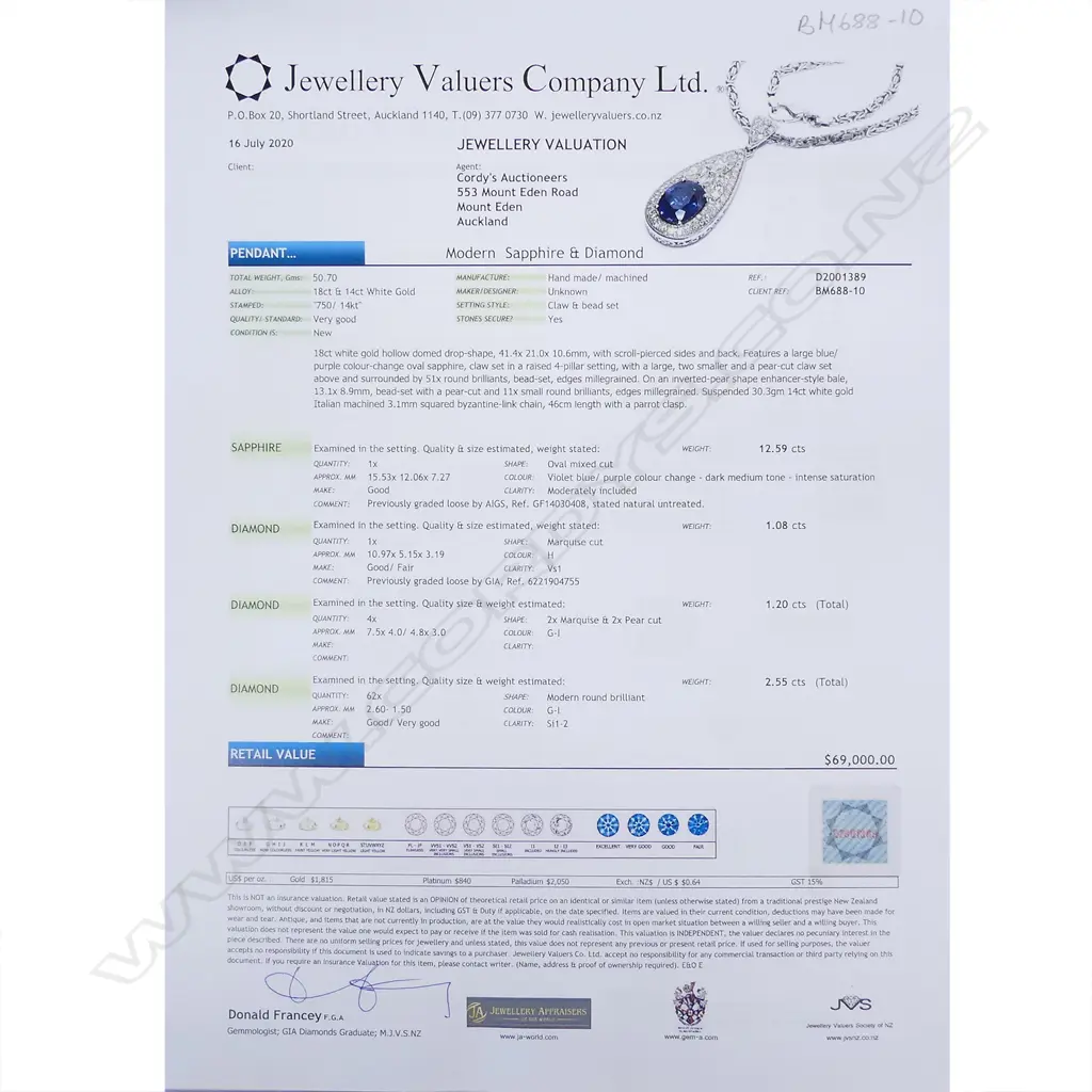 An exceptional 18ct white gold sapphire and diamond pendant Image 1++