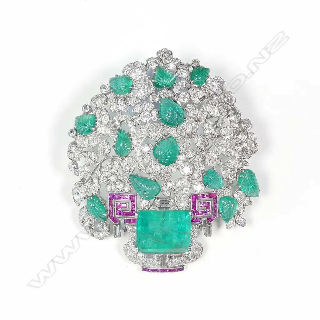 A magnificent Russian platinum diamond emerald and ruby brooch Image 1++