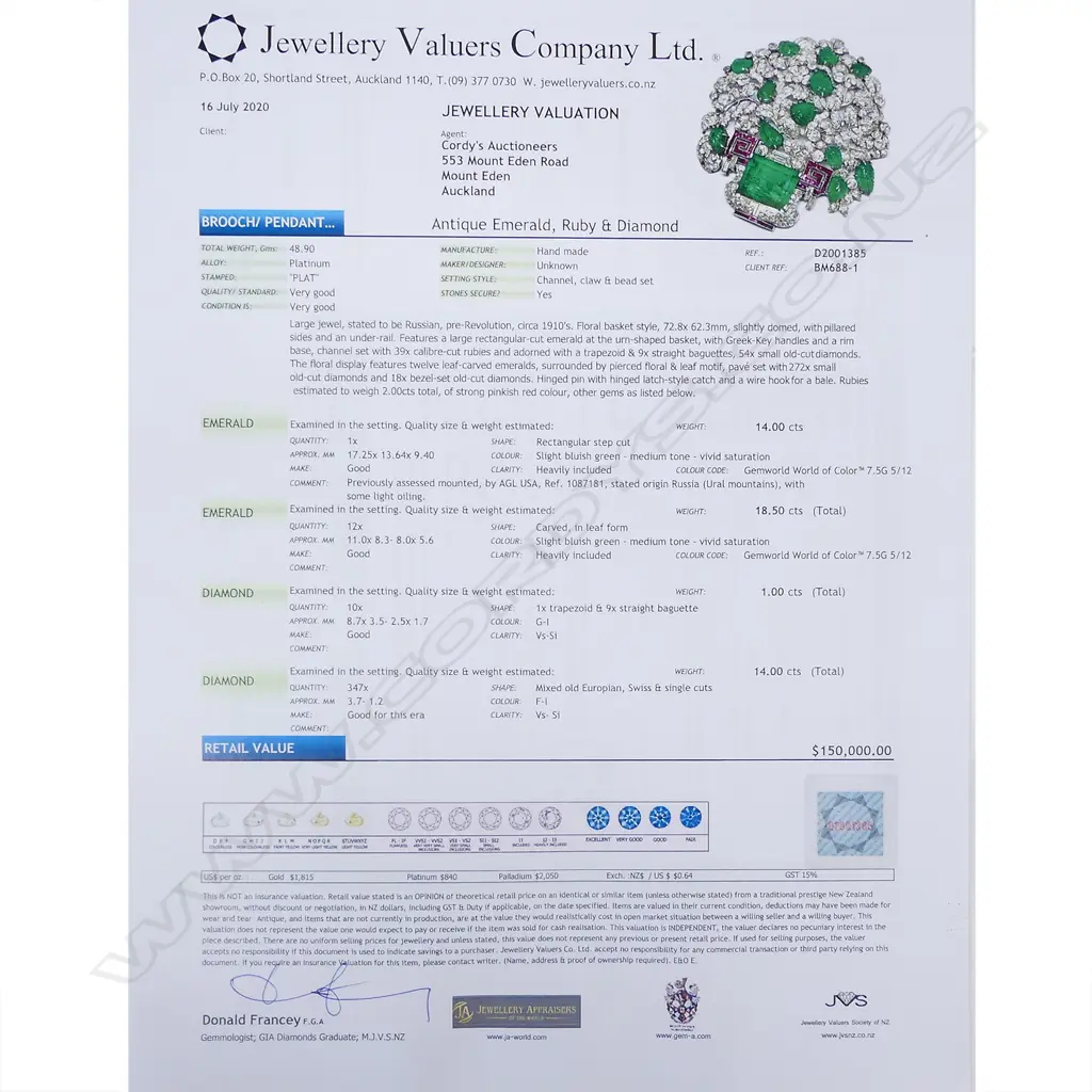 A magnificent Russian platinum diamond emerald and ruby brooch Image 1++