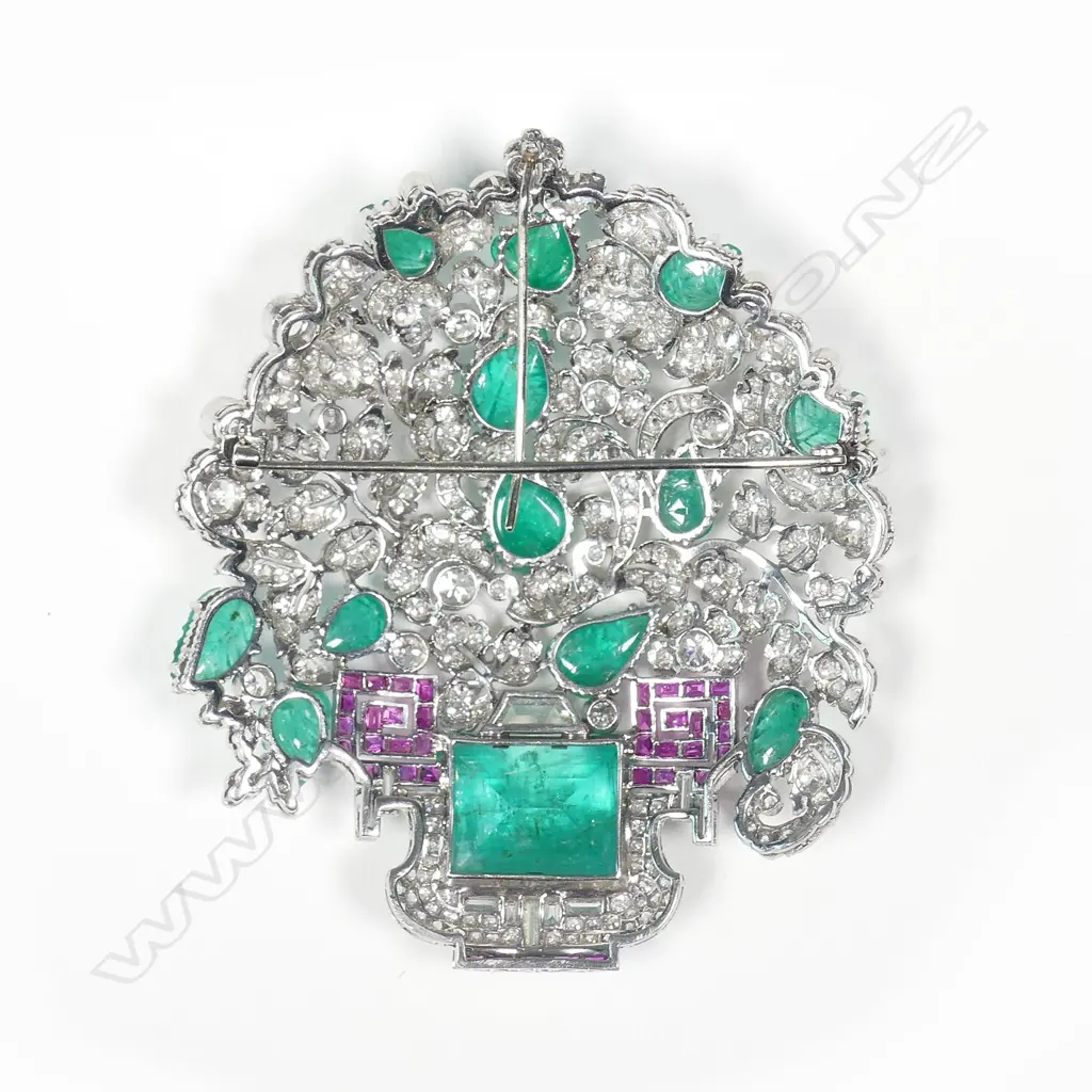 A magnificent Russian platinum diamond emerald and ruby brooch Image 1++