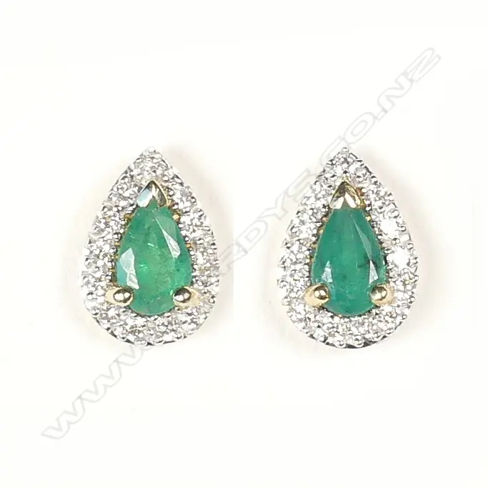 A pair of modern 9ct. yellow gold emerald and diamond earrings Image 1++