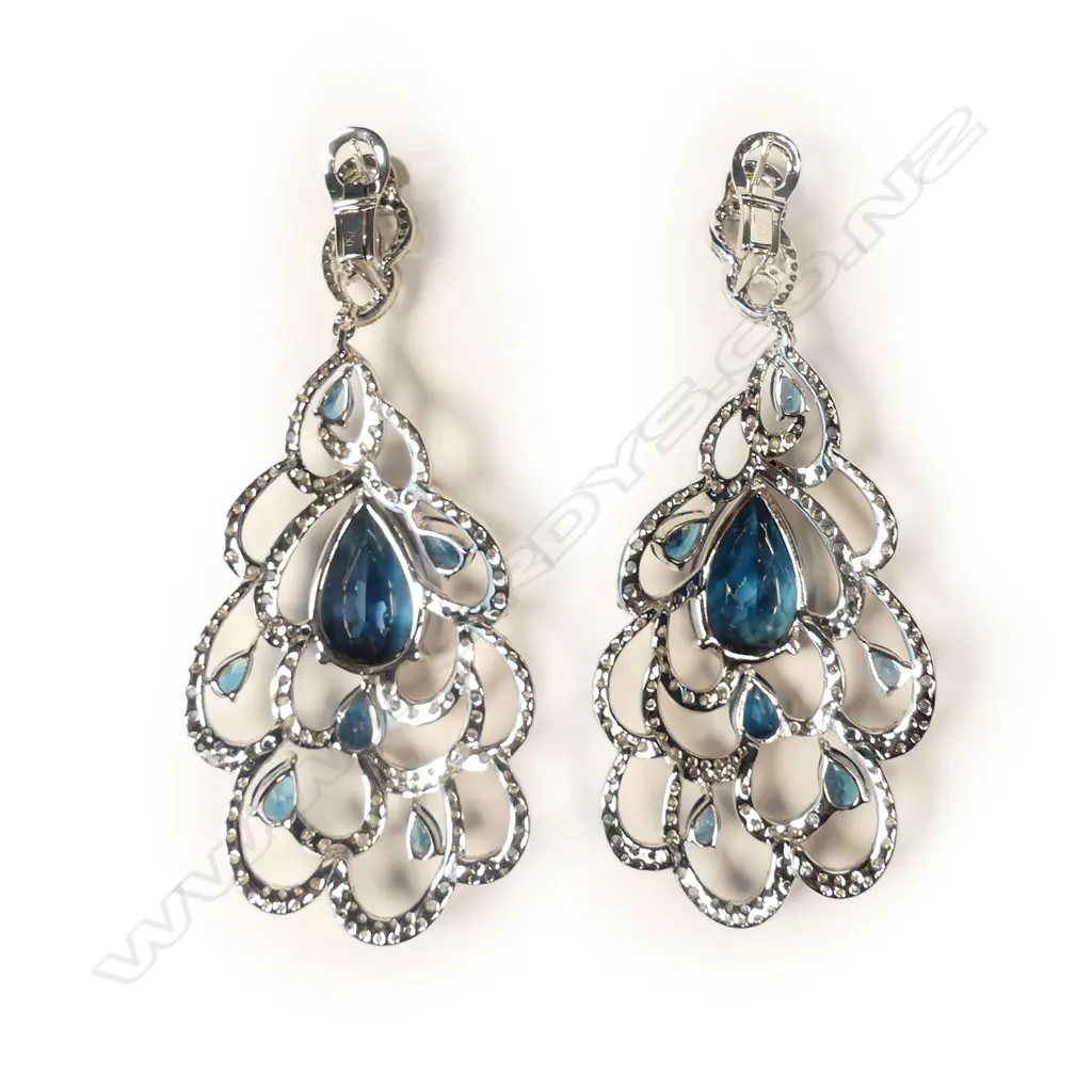 A pair of modern 18ct. white gold blue topaz sapphire and diamond large 'peacock feather' earrings Image 1++