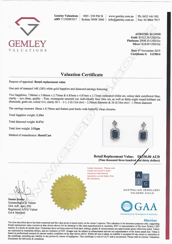 A pair of 14ct white gold sapphire and diamond drop earrings Image 1++