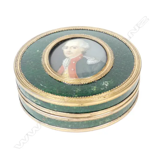 A French tortoiseshell lined green enamel table snuff box with portrait miniature to the top