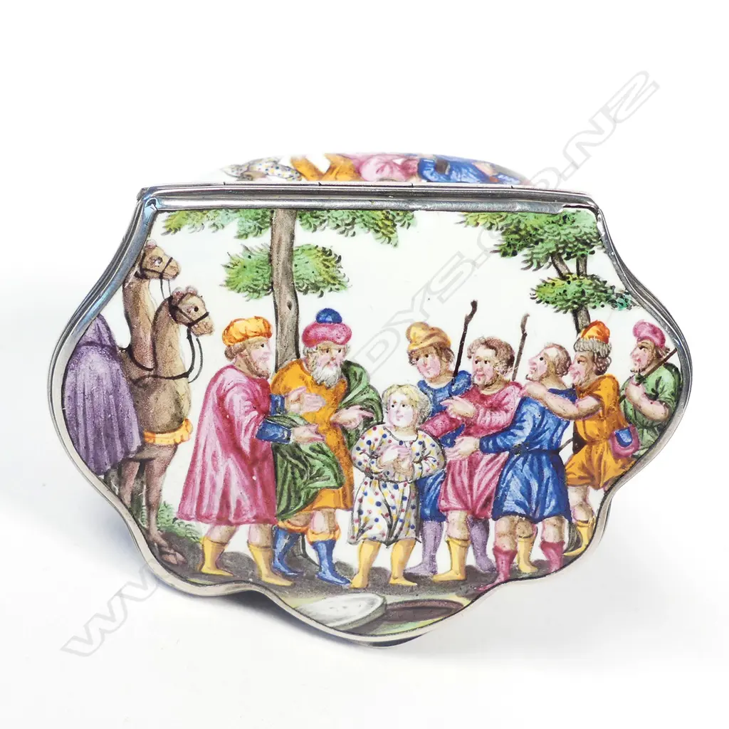 A rare 18thC biblical subject bombe enamel snuff box Image 1++