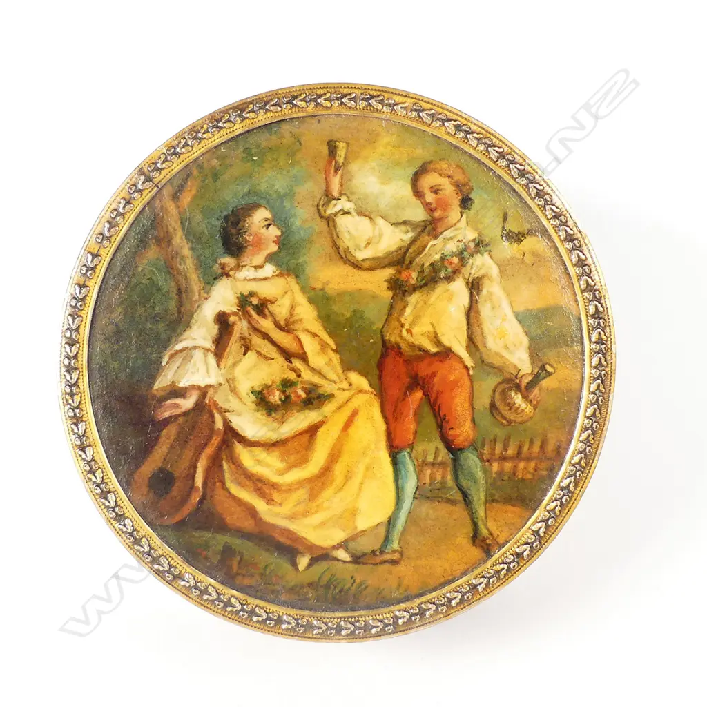 A French tortoiseshell lined Regency stripe enamel table snuff box with painted miniature to the top Image 1++