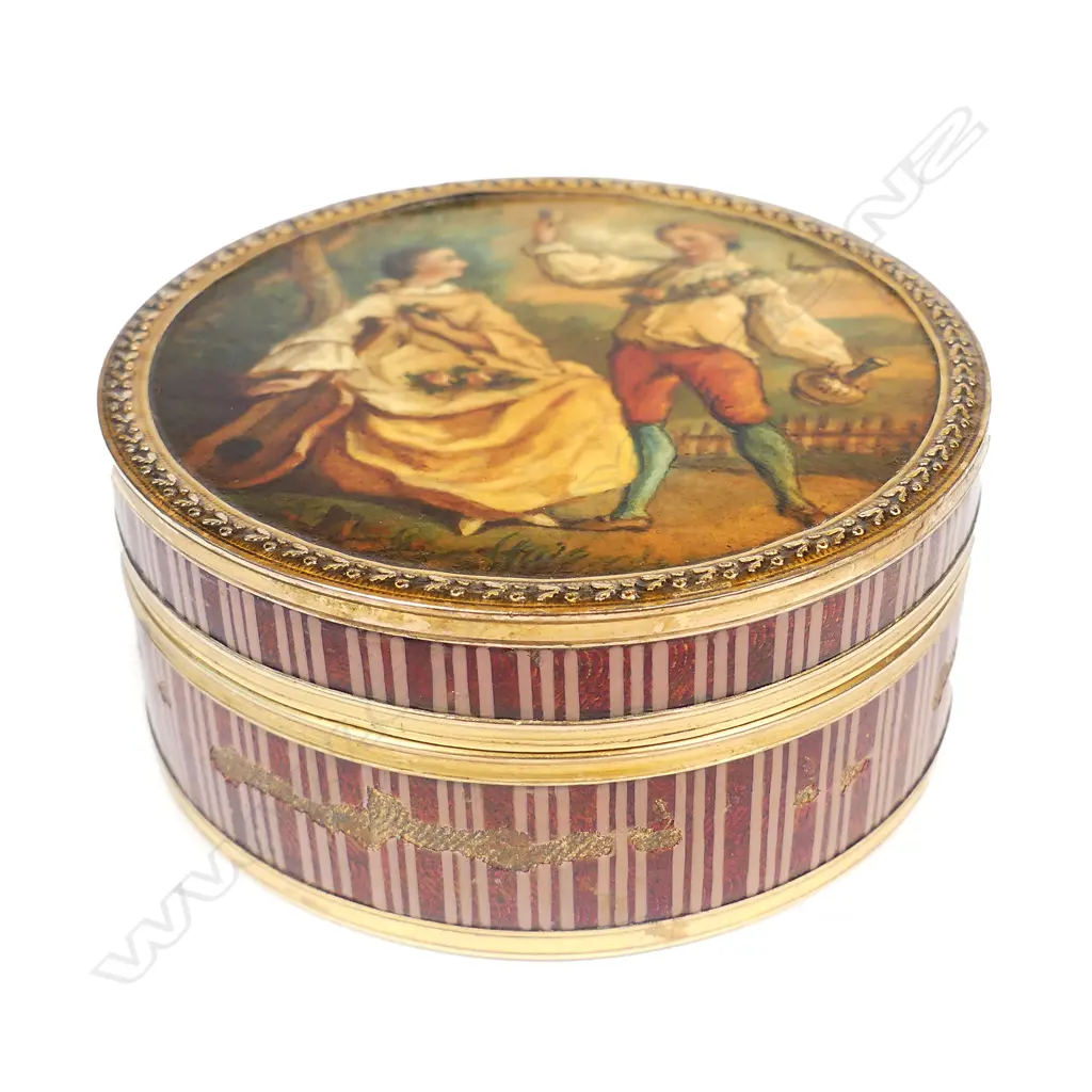 A French tortoiseshell lined Regency stripe enamel table snuff box with painted miniature to the top Image 1++