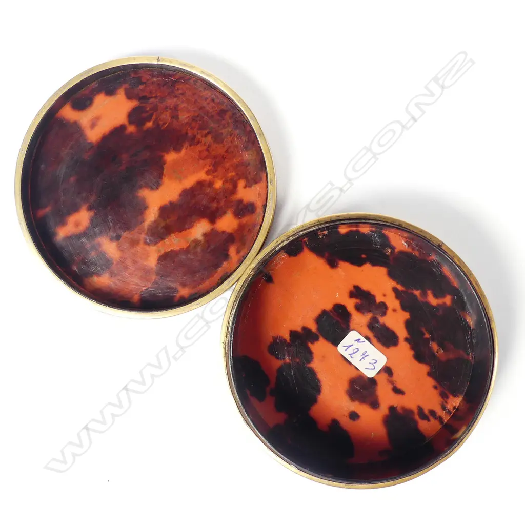 A French tortoiseshell lined Regency stripe enamel table snuff box with painted miniature to the top Image 1++