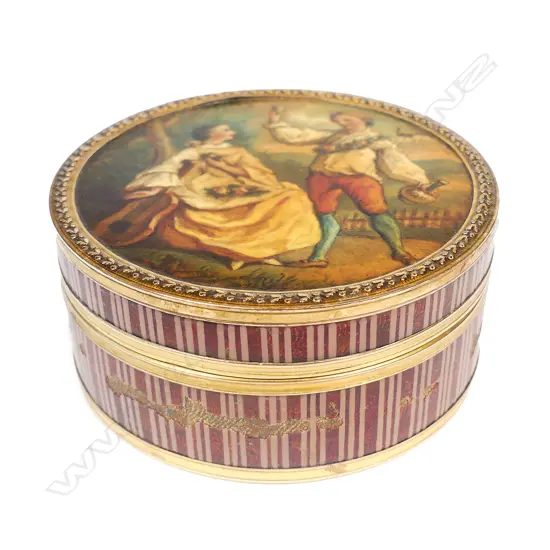 A French tortoiseshell lined Regency stripe enamel table snuff box with painted miniature to the top