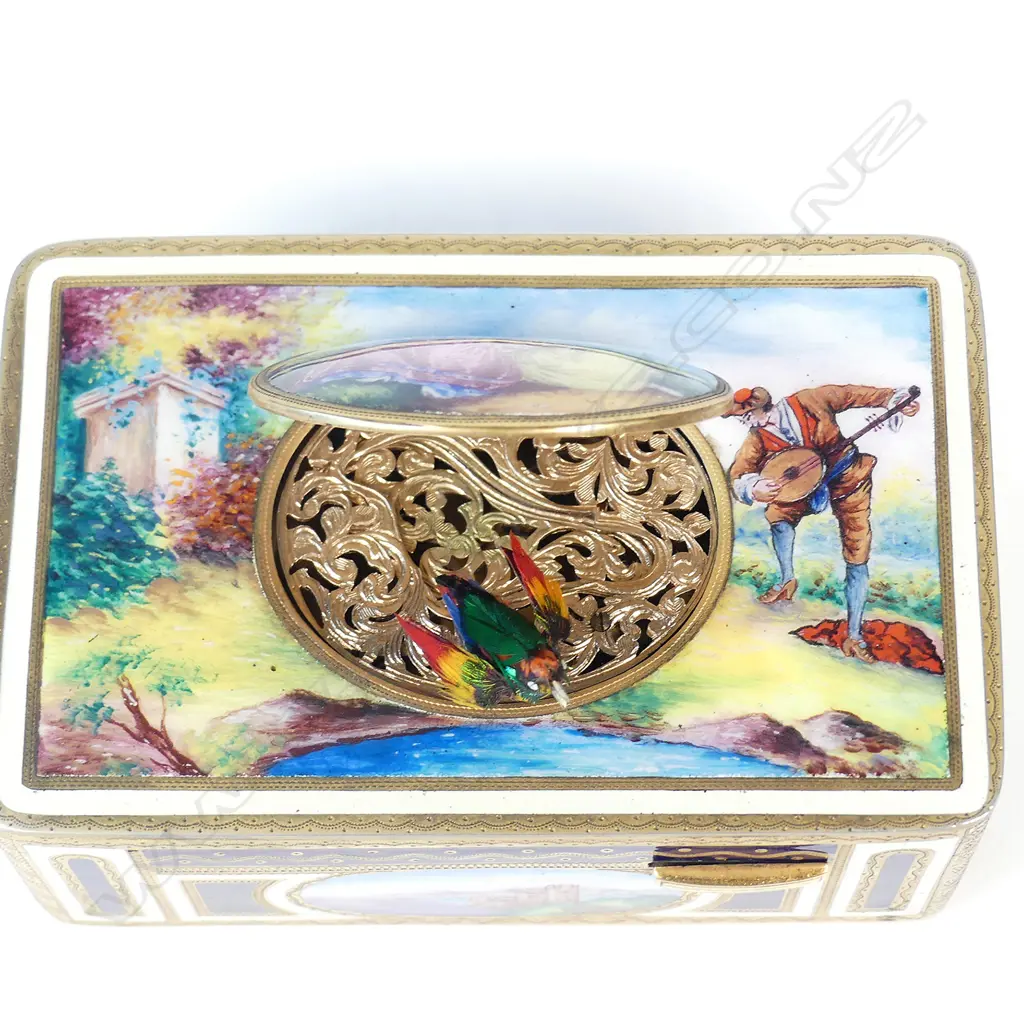 A German gilt-metal and enamelled singing-bird box attributed to Karl Griesbaum Image 1++