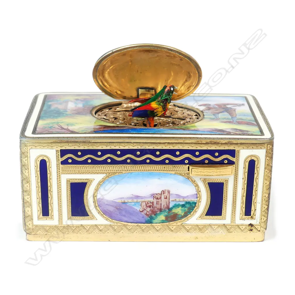 A German gilt-metal and enamelled singing-bird box attributed to Karl Griesbaum Image 1++