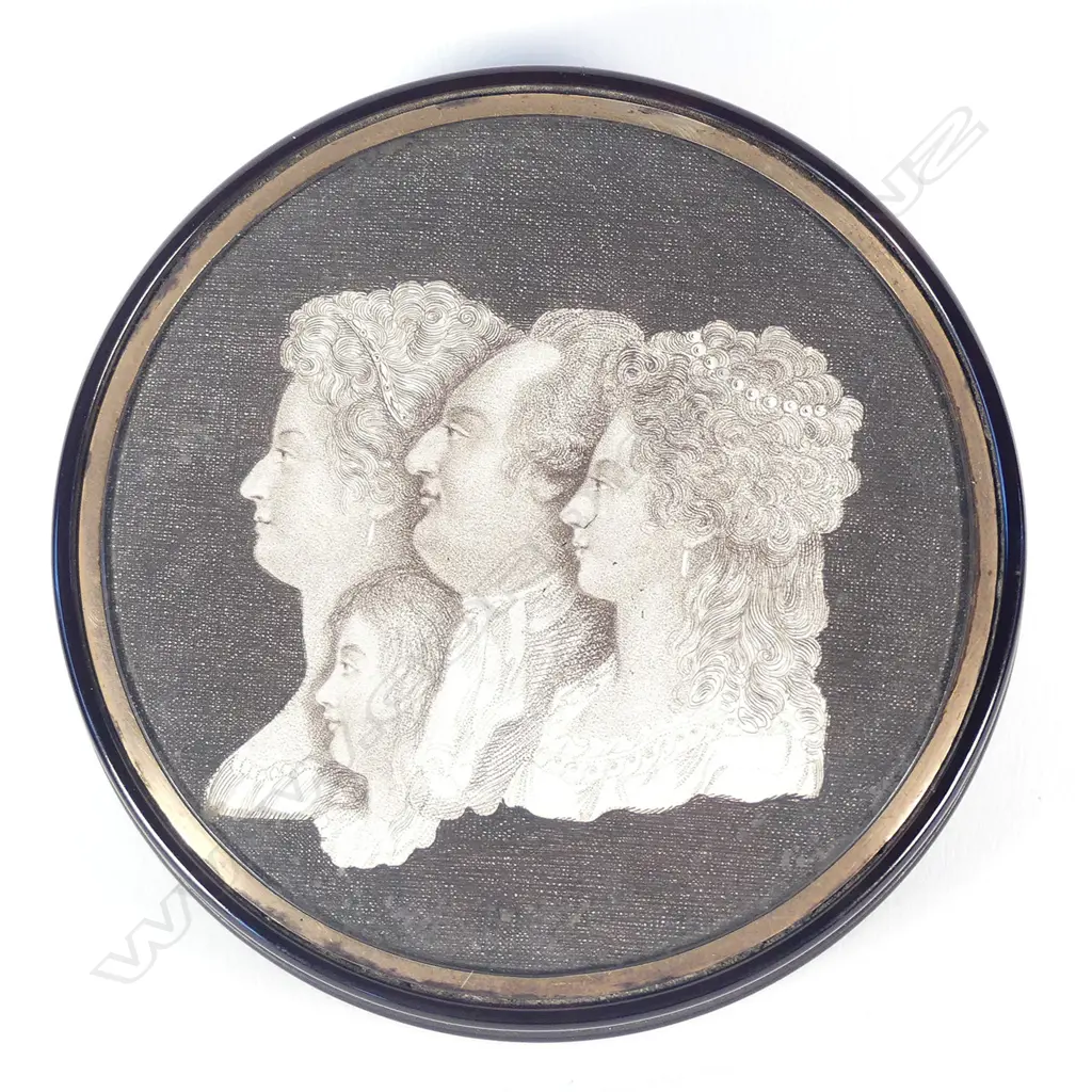 An I8thC tortoiseshell table snuff box with an engraved portrait group of the French Royal family to the top Image 1++