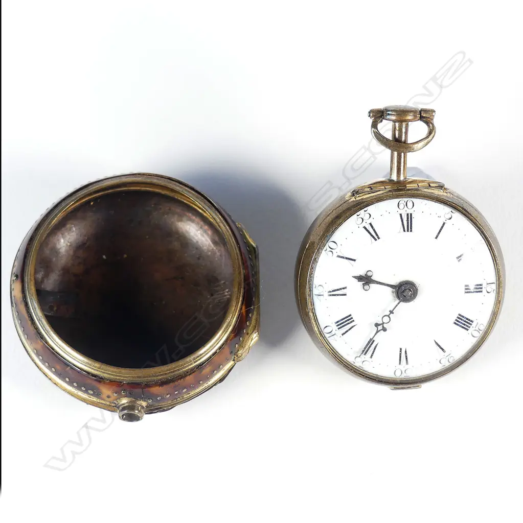 An 18thC tortoiseshell and gilt metal pair-cased pocket watch by William Challoner Image 1++
