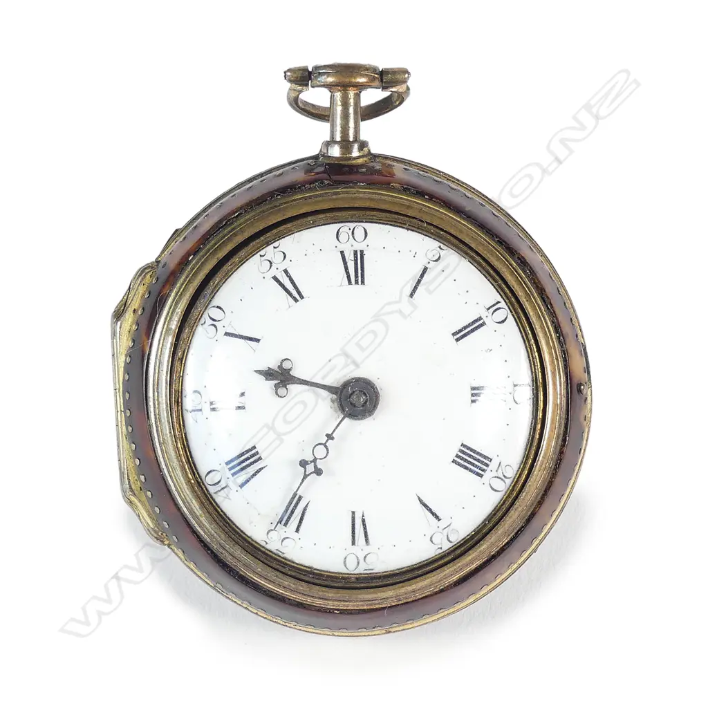 An 18thC tortoiseshell and gilt metal pair-cased pocket watch by William Challoner Image 1++