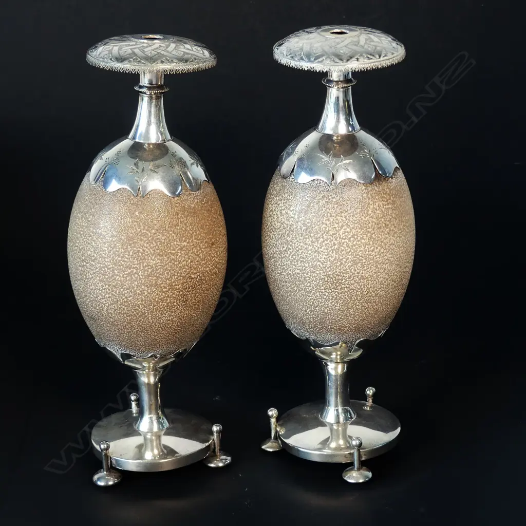 An impressive pair of 19thC colonial silver mounted emu egg epergnes Image 1++